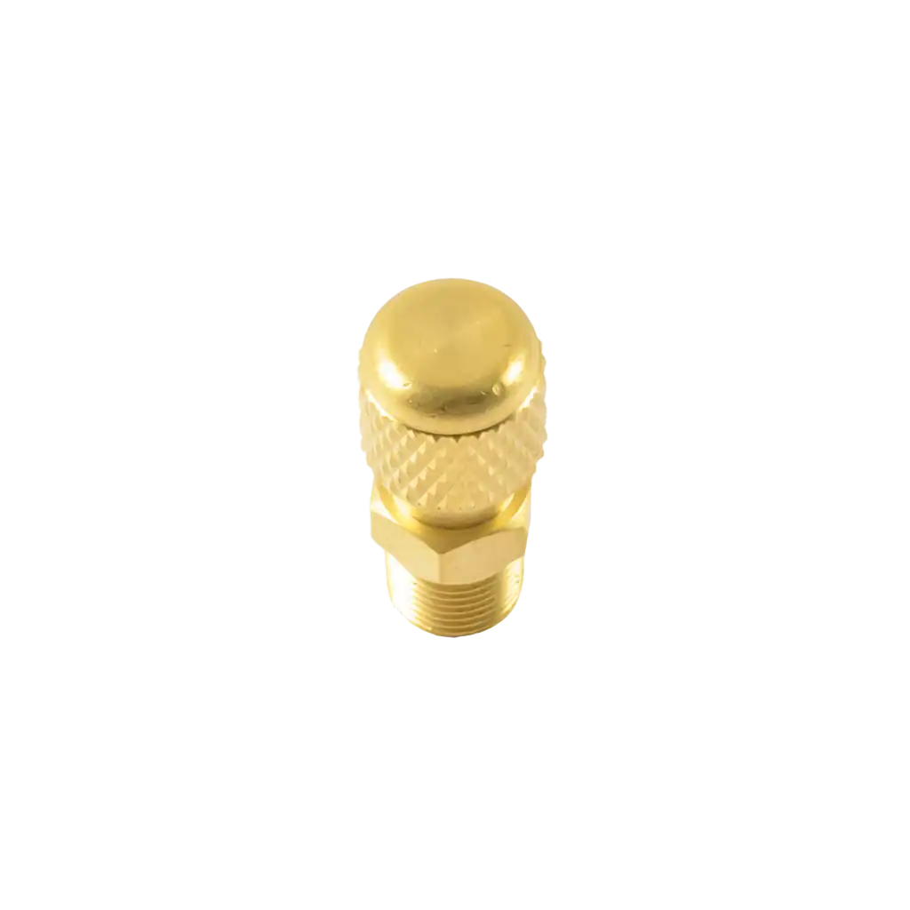AD24-2 AD24 1/4" SAE to 1/8" MNPT adapter with cap and core. Brass manifold and compressor fitting for secure, leak-resistant HVAC/R connections.