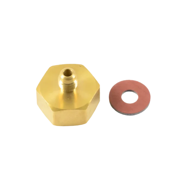 AD41 3/4"-14 gas bottle adapter to 1/4" SAE M for 125 lb tanks. Brass construction with gasket for secure HVAC/R refrigerant connections.