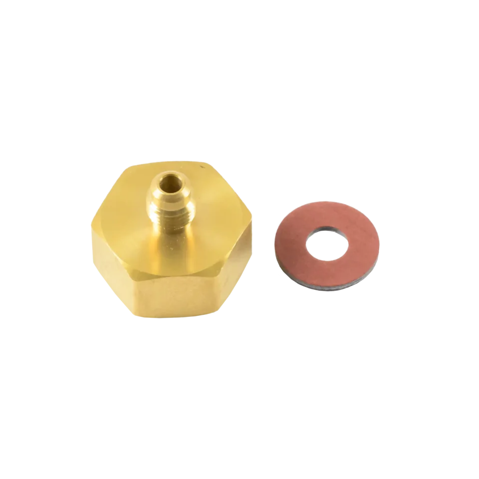 AD41 3/4"-14 gas bottle adapter to 1/4" SAE M for 125 lb tanks. Brass construction with gasket for secure HVAC/R refrigerant connections.