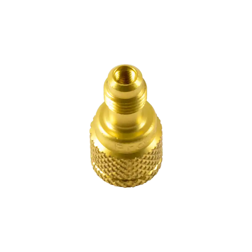 AD84L R1234YF cylinder adapter 1/2″ ACME F x 1/4″ SAE M. Brass left-hand fitting for Dupont cylinders, ideal for automotive A/C service.