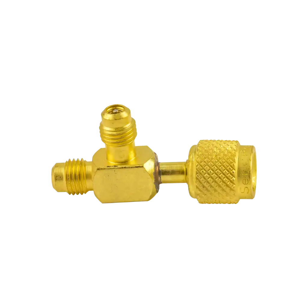 1/4" SAE Tee access fitting 3 pack with female knurl and male connections. Valve core included for secure HVAC/R service access.