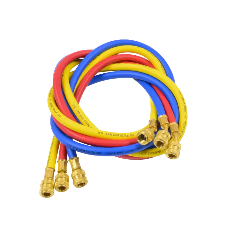 HJ5 150cm R410A refrigerant hose set with 1/2"-20 UNF fittings. SAE J2196 compliant, 800 psi rated and compatible with all refrigerants and blends.