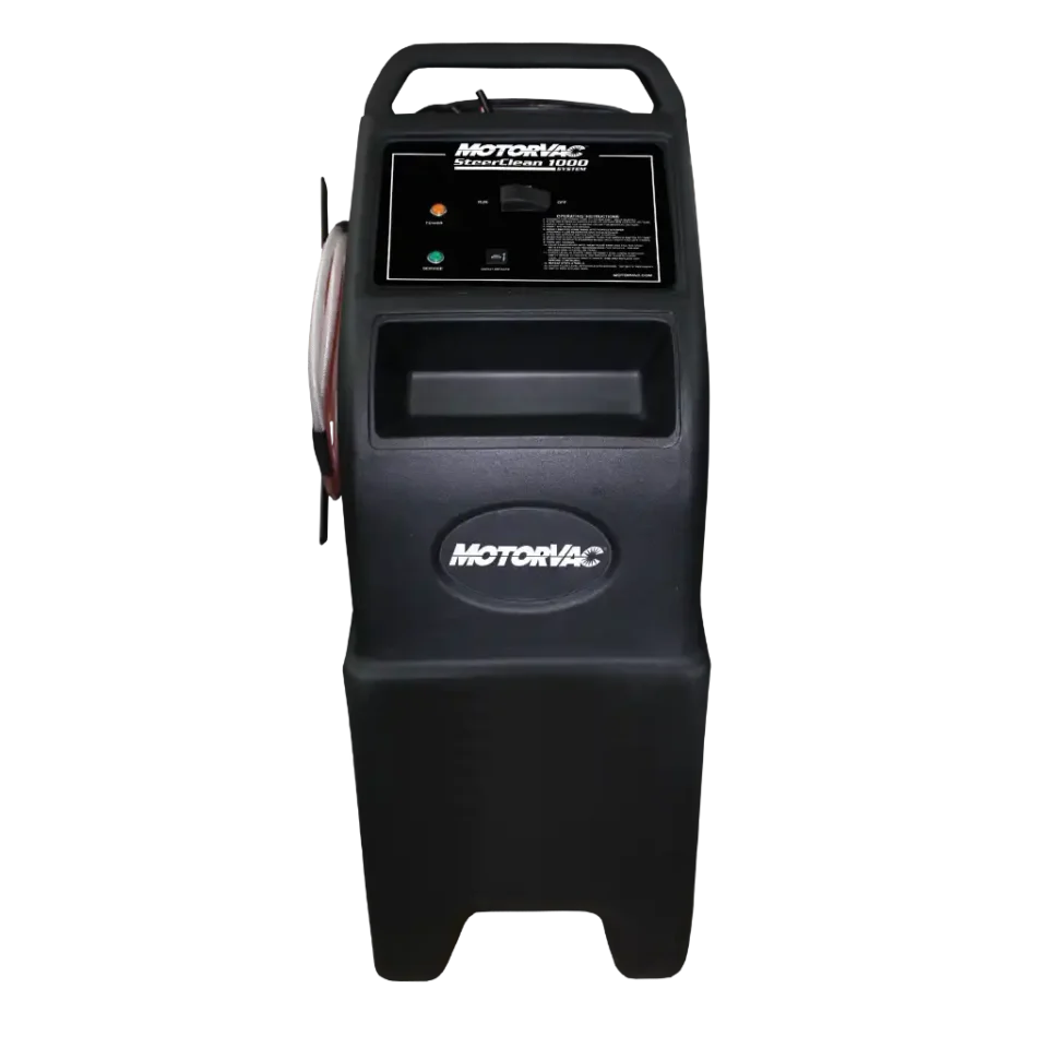 Fast, efficient power steering fluid exchange machine. The MotorVac SteerClean 1000 improves steering performance and extends system life.